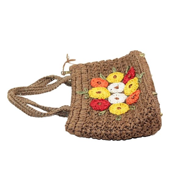 Vintage 1970's Raffia Straw Crochet Floral Embellishments Double Handled Purse - Picture 5 of 16